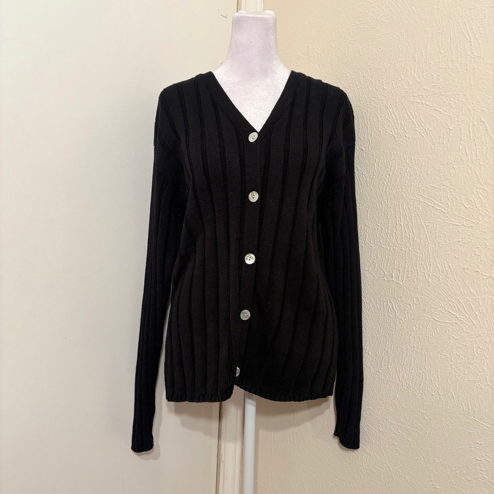 Black Ribbed Knit V-Neck Button Down Cardigan Sweater Grunge Classic Stripe XL